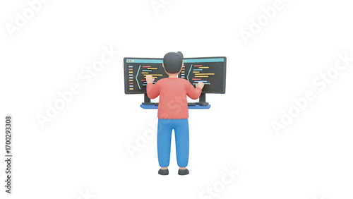 Programmer coding on dual monitors in modern office, writing code and debugging software with focus and determination.