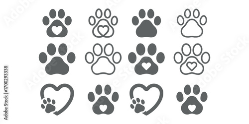 
Animal paw print icons representing dog and cat tracks, pet footprints, wildlife trail, symbol of pets, veterinary care, animal shelter, adoption, and pet-friendly design concept 