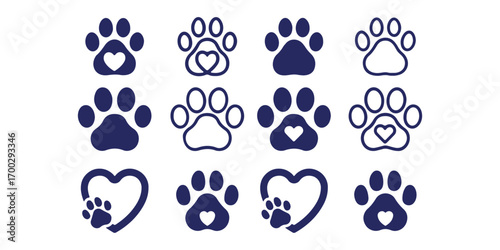 
Animal paw print icons representing dog and cat tracks, pet footprints, wildlife trail, symbol of pets, veterinary care, animal shelter, adoption, and pet-friendly design concept 