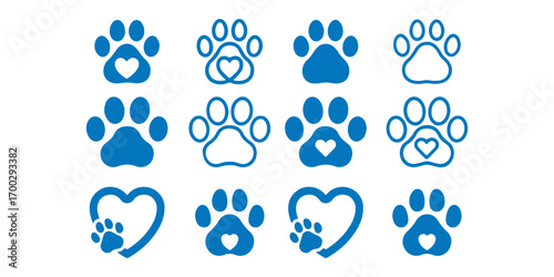 
Animal paw print icons representing dog and cat tracks, pet footprints, wildlife trail, symbol of pets, veterinary care, animal shelter, adoption, and pet-friendly design concept 