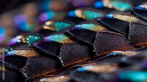 Close-up of the intricately patterned, iridescent carapace of a beetle, showcasing the natural beauty and complexity of its exoskeleton structure.