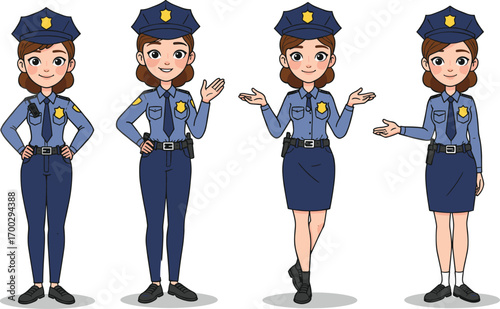 Cartoon female police officers in uniform, law enforcement women characters, public safety team, patrol pose, authority, character illustration