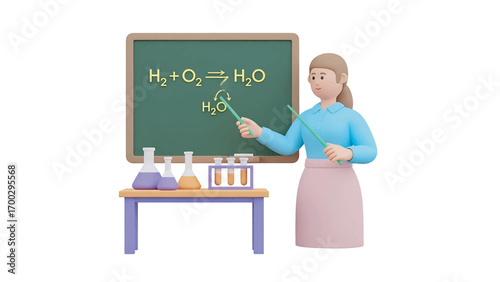 Teacher explaining chemical reaction on chalkboard in classroom with flasks and test tubes on table, creating a learning environment.