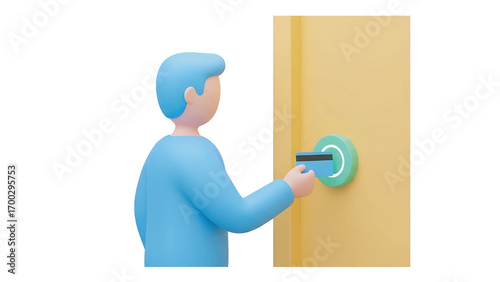Man opening a door with a smart lock using his phone, showcasing modern technology and convenience in a minimalist, clean style.