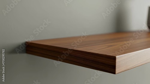 Closeup shot capturing the smooth bracketfree edge of a wooden floating shelf mounted invisibly on a painted wall.