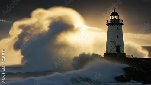 Majestic lighthouse amidst stormy ocean waves