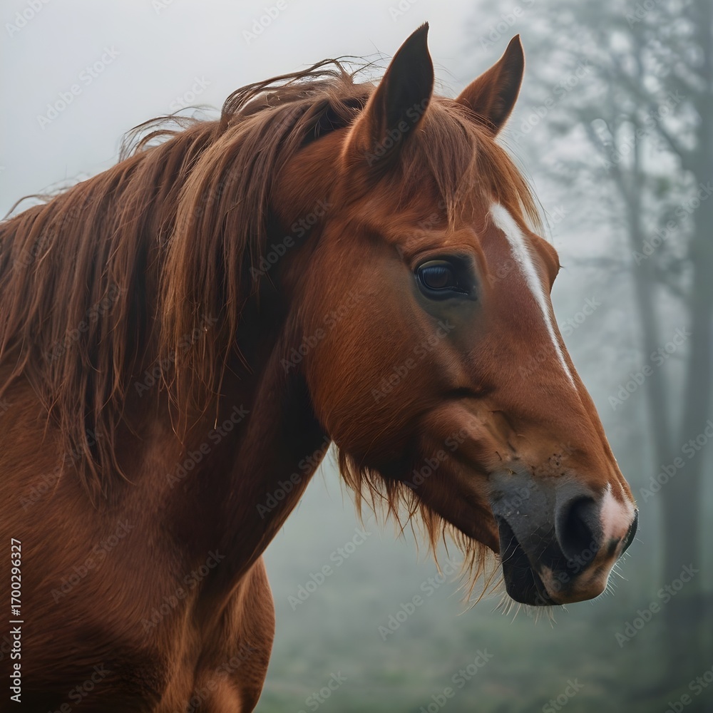 Fototapeta premium Close-up portrait of a majestic chestnut horse's head and neck emerging from morning fog, soft light just highlighting contours, moody atmosphere, no people,Generative Ai 