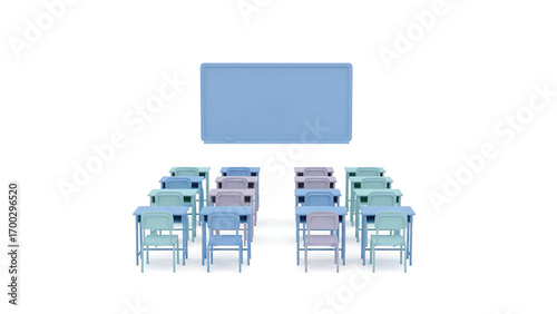 Classroom with empty desks and a blue board awaits students for a new lesson, creating a clean and organized learning environment with a sense of anticipation.