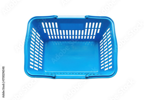 Bright blue plastic shopping basket isolated on transparent background