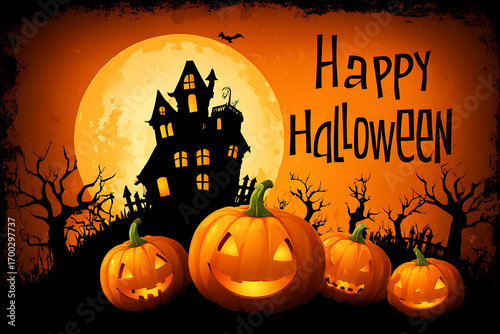 Cute Halloween background vector illustration with pumpkins, witch on broomstick, haunted house silhouette, full moon, orange sky, cartoon festive poster design for autumn celebration