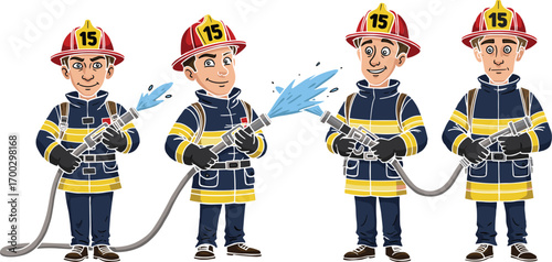 Cartoon firefighters in uniform, spraying water with hose, emergency response team, fire safety gear, rescue action illustration, teamwork
