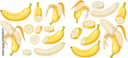 Cartoon Banana Set - Whole, Peeled, and Sliced Banana Vector Illustration
Vector illustration of various banana forms in cartoon style, including whole bananas, peeled bananas, banana slices, 
