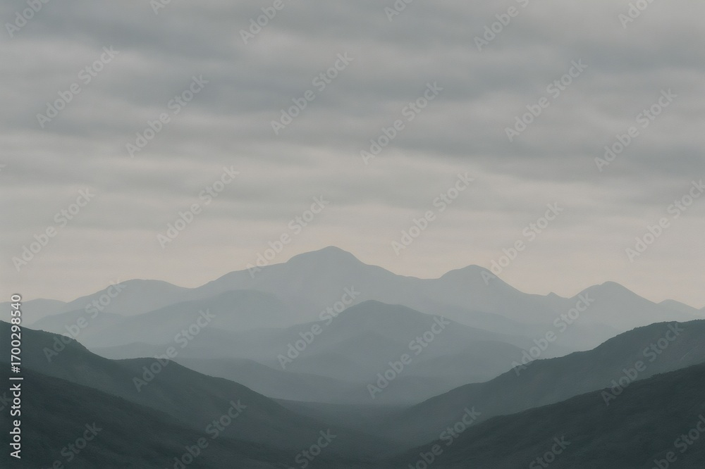 Fototapeta premium Layers of mountains fading into the distance under a cloudy sky, creating a serene and minimalist landscape