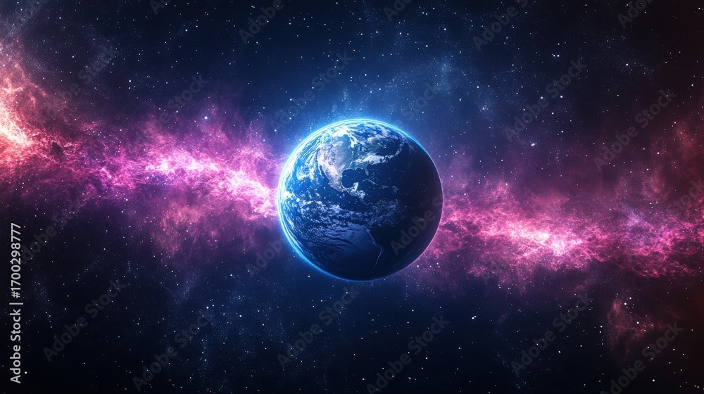 Fototapeta premium A vibrant depiction of Earth amidst the cosmos, showcasing swirling galaxies and colorful nebulae, symbolizing the beauty of our universe.