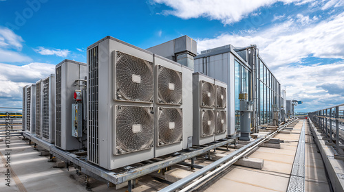 HVAC units on rooftop. High-efficiency climate control for commercial buildings. Modern cooling and ventilation systems. Energy-efficient solutions.