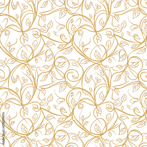 Elegant floral pattern with golden vines and leaves on a white background, patern seamless, Stock royalty image.