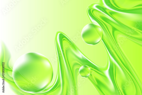Futuristic light green 3D liquid flowing wave form, abstract geometric, iridescent holographic splash background, glass shape decoration.