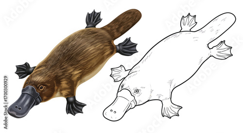 Detailed Platypus Swimming Pose Coloring Page with Outline Drawing for Children and Adults