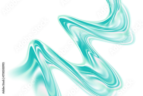 Futuristic light blue, green aquamarine color 3D liquid flowing wave form, iridescent holographic splash isolated design element, transparent background, abstract geometric glass shape decoration.
