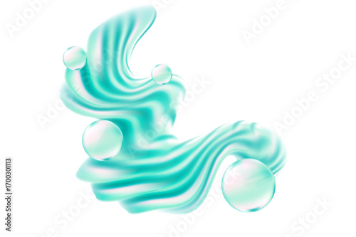 Futuristic light blue, green aquamarine color 3D liquid flowing wave form, iridescent holographic splash isolated design element, transparent background, abstract geometric glass shape decoration.