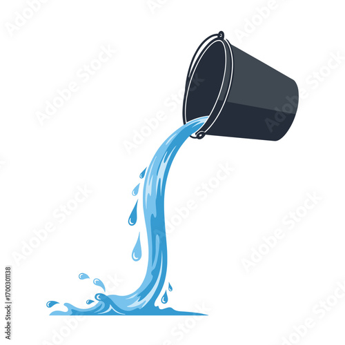 A dark gray bucket tipped over pouring out a stream of blue water onto an isolated white background