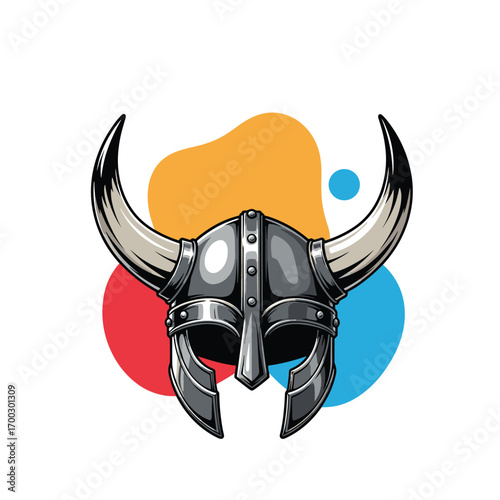 Ancient norse warrior helmet with horns and a strong protective design featuring abstract colorful shapes behind it