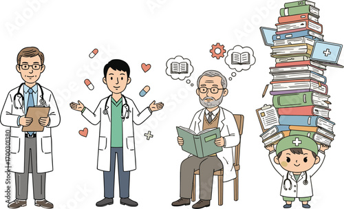 Cartoon medical professionals, doctors and nurse, healthcare teamwork, study burden, learning, hospital staff, medicine, knowledge, illustration