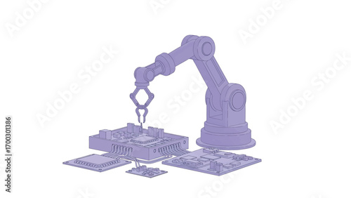 Robotic arm assembling microchips on a circuit board in a factory, showcasing automation and precision in modern technology.