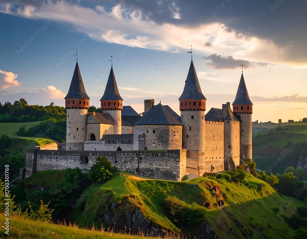 Fototapeta premium A magnificent medieval castle, perched atop a verdant hill, bathed in the golden hues of a serene sunset.