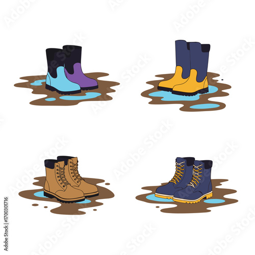 A collection of four pairs of colorful waterproof boots standing in muddy puddles on a white background