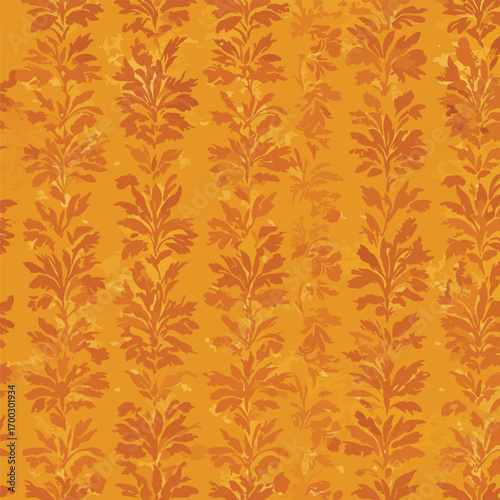 Elegant botanical pattern with vertical leaf trails in warm orange tones, patern seamless, Stock royalty image.