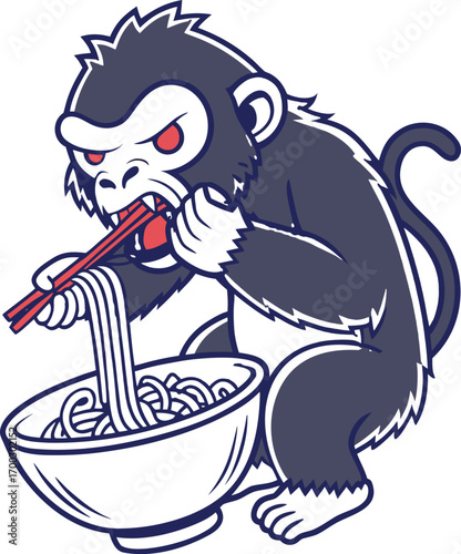 Angry ape eating noodles with chopsticks monkey ramen
