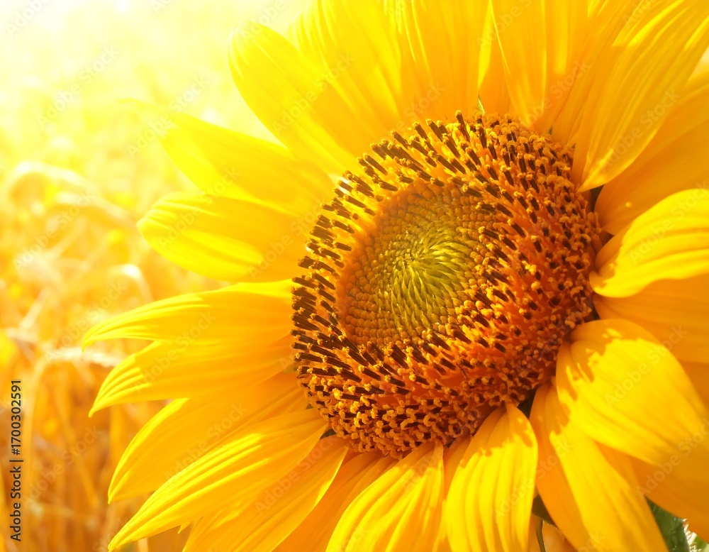 Obraz premium Vibrant sunflower head in golden sun, illuminating botanical wonder