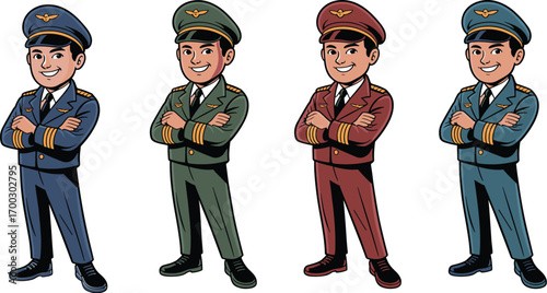 Cartoon pilots in uniform, aviation character design, diverse flight crew illustration, airline staff, professional attire, teamwork, travel, rank