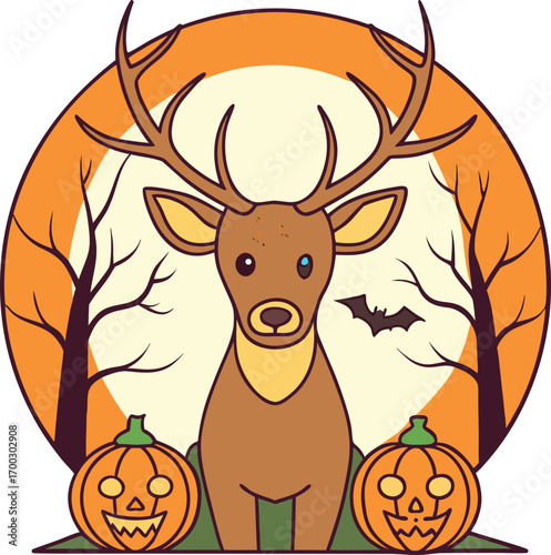 Brown deer with pumpkins and bat antlers orange