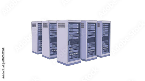 Data servers stand in a row in a data center, representing information technology and cloud computing infrastructure, with a clean and modern aesthetic.