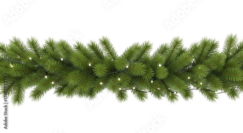 Green Pine Garland with White Lights on White Background for Holiday Decoration