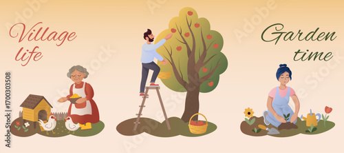 The illustration shows three scenes of rural life: an elderly woman feeding chickens, a man picking apples from a tree, a woman planting flowers. Illustrations on the theme of eco-friendly rural life.