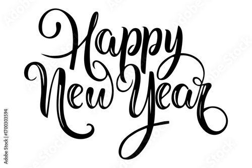 Happy New Year lettering, elegant calligraphy, festive typography design, black ink on white background, vector illustration, decorative script font, minimal style, holiday greeting card template, mod