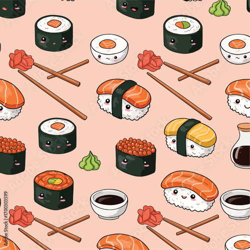 Delightful sushi pattern with cute faces and traditional Japanese elements, patern seamless, Stock royalty image.