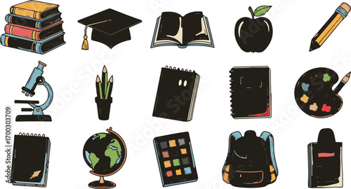 Education Icon Set Vector with Books Globe and School Elements Modern Illustration