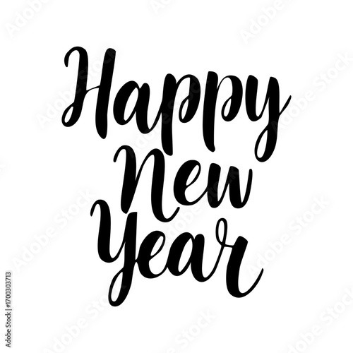 Happy New Year lettering, elegant calligraphy, festive typography design, black ink on white background, vector illustration, decorative script font, minimal style, holiday greeting card template, mod