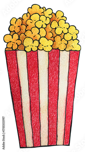 Hand-drawn doodle sticker illustration of popcorn in a striped bucket