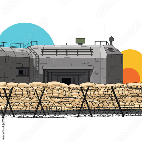 Fortified military outpost under harsh desert skies with barbed wire defenses