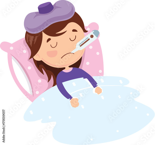 Cartoon sick person in bed, fever illustration, ice pack, thermometer, resting with blanket, illness recovery, healthcare concept