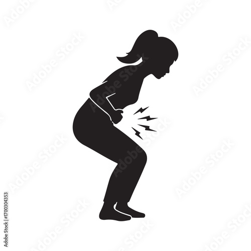 Girl, cramp, pain, painful, stomach icon. Element of indigestion symptoms sings  silhouette vector flat illustration design on white background