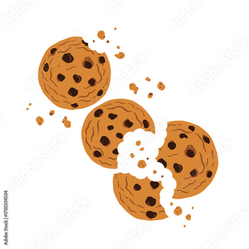 Delicious chocolate chip cookies breaking apart with crumbs flying around evoking a craving for a sweet treat