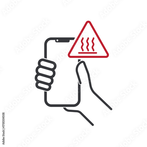 Isolated pictogram showing mobile phone with hot temperature warning, symbol for heat restriction, overheating risk, caution, safety, device usage control.