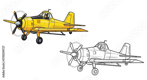 Printable Agricultural Crop Duster Coloring Page with Clean Bold Lines and Dual Versions