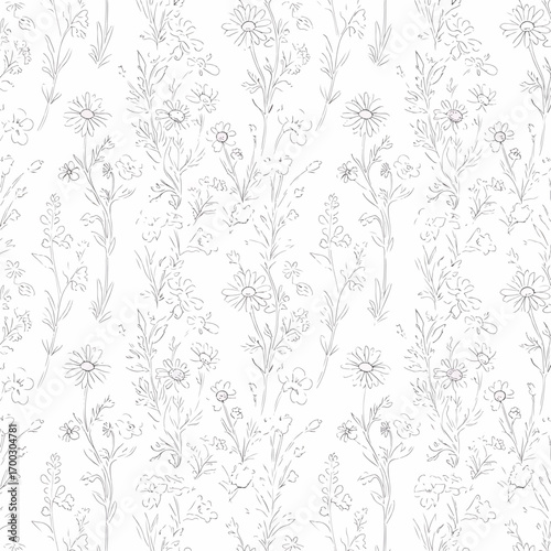 Delicate floral pattern with daisies and wildflowers in a hand-drawn style seamless, seamless pattern, Stock royalty free image.